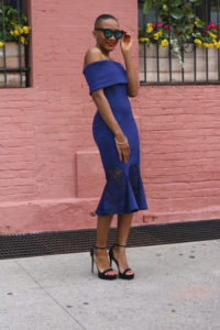 Ms Rexti in Blue Bardot Dress