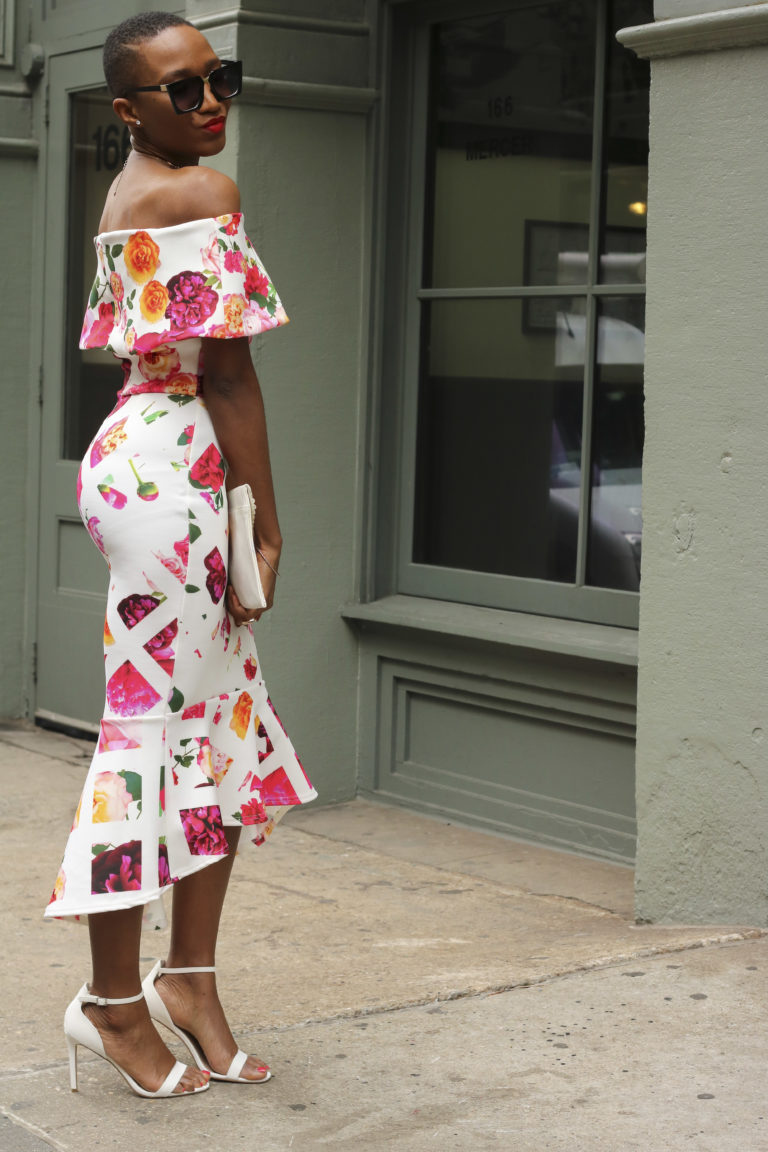 Ms Rexti in a Floral Bardot Dress