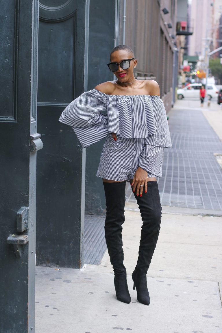 Ms Rexti in stripe bardot playsuit and boots